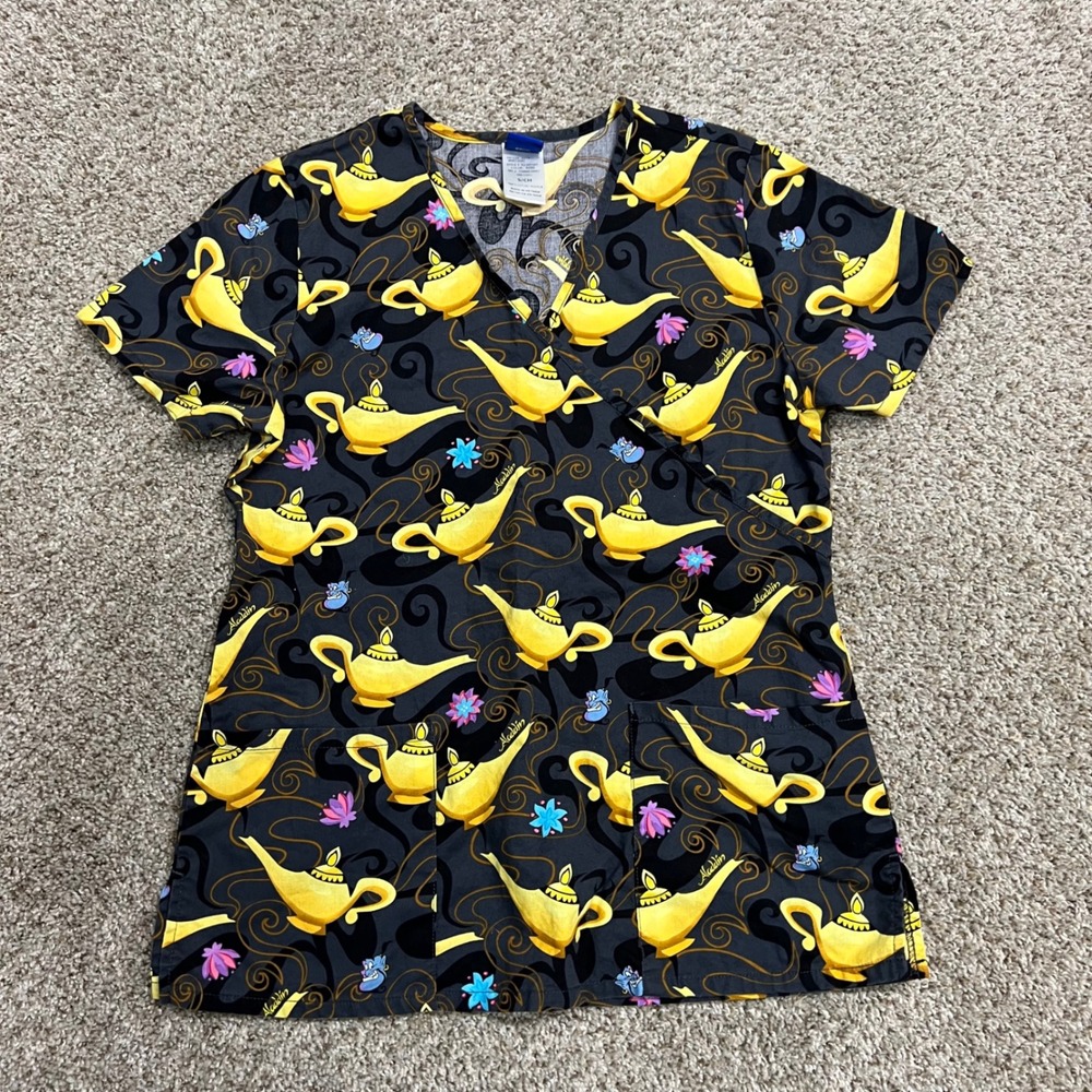 Disney Aladdin Scrub Top Womens Small S Mock Wrap Genie Lamp Cotton SLL29730T